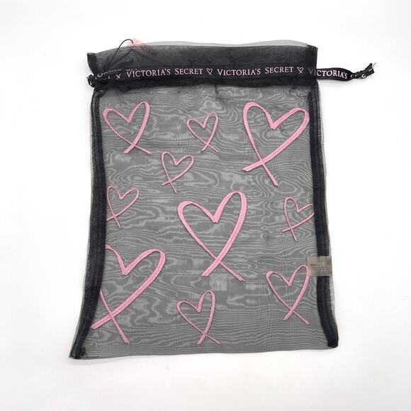 VICTORIAS SECRET Lingerie Sheer Black Pink Heart Drawstring Bag Pouch X2 NEW - Picture 4 of 9